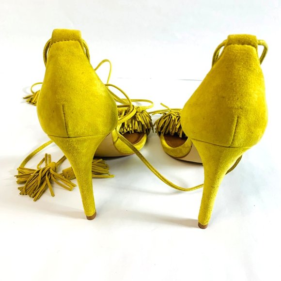 Steve Madden "SASSEY" Yellow Fringe Lace Up Strap Stiletto Heels Shoes 7 - Picture 3 of 11